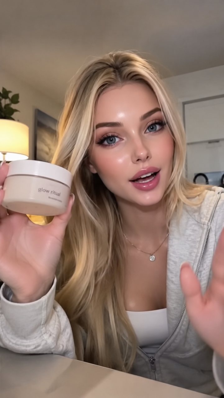 Obviously AI-generated influencer holding a skincare jar up to the camera