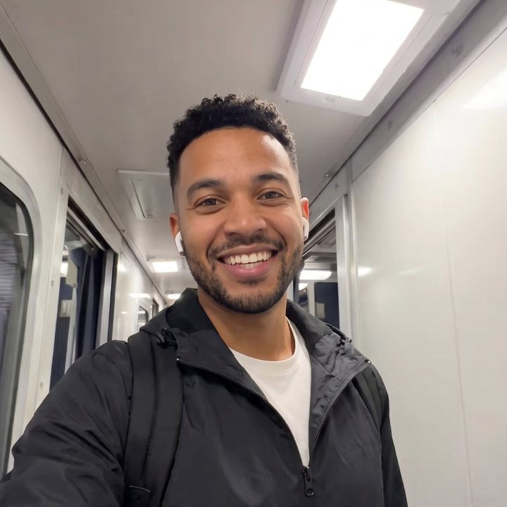 Our AI character smiling in a real train corridor